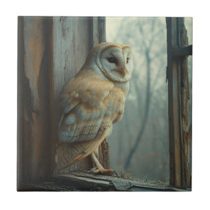 Rustic Owl In The Window Art Tile
