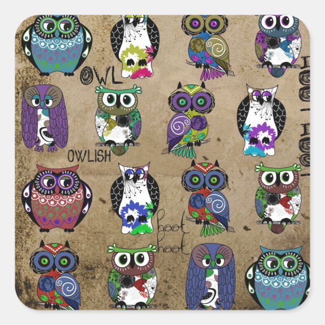 Rustic Owls Folk Art Square Sticker (Front)