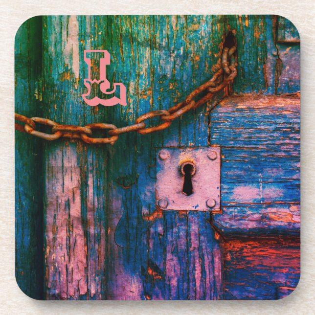 Rustic painted wood keyhole chain  blue pink coaster (Front)
