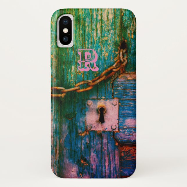 Rustic painted wood keyhole chain blue pink green  Case-Mate iPhone case (Back)