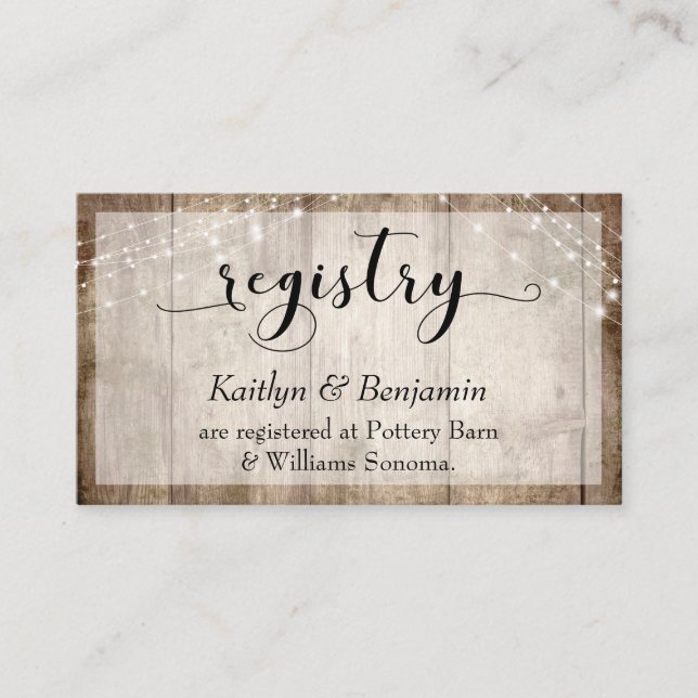 Rustic Pale Brown Wood w/ Lights, Wedding Registry Enclosure Card (Front)