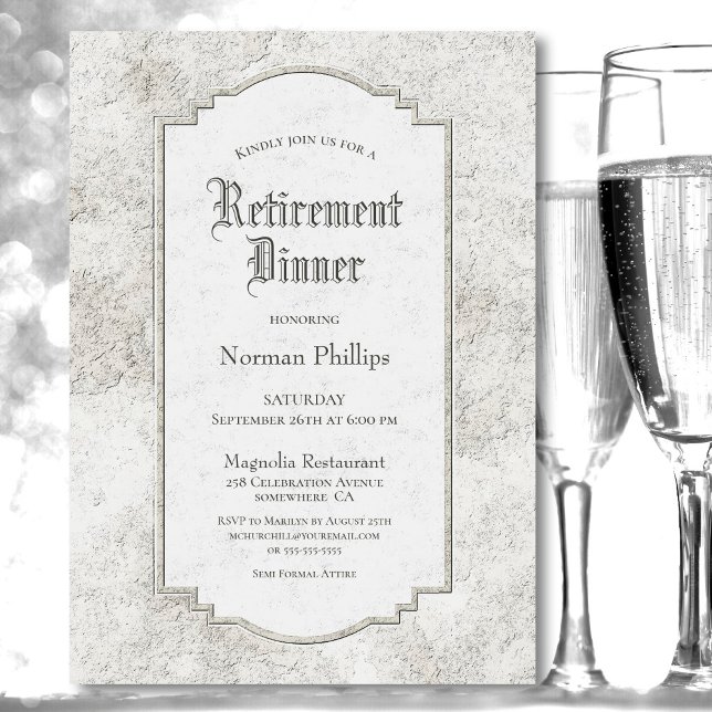 Rustic Pale Grey Carved Stone Retirement Dinner Invitation (Creator Uploaded)