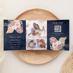 Rustic Palm Dusty Pink Roses Navy QR Code Wedding Tri-Fold Invitation