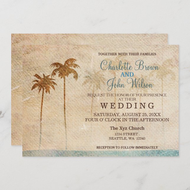 Rustic Palm Trees Beach Wedding Invitations (Front/Back)