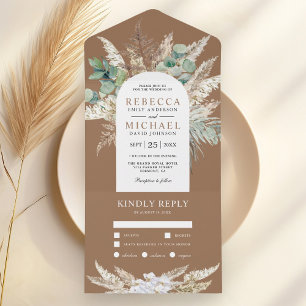 Rustic Pampas Eucalyptus Arch Beige Tan Wedding All In One Invitation