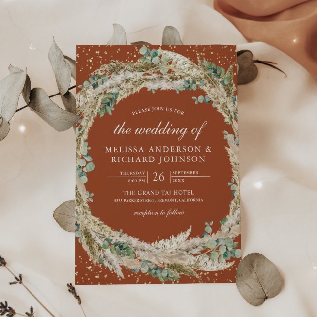 Rustic Pampas Eucalyptus Wreath Terracotta Wedding Invitation (Creator Uploaded)
