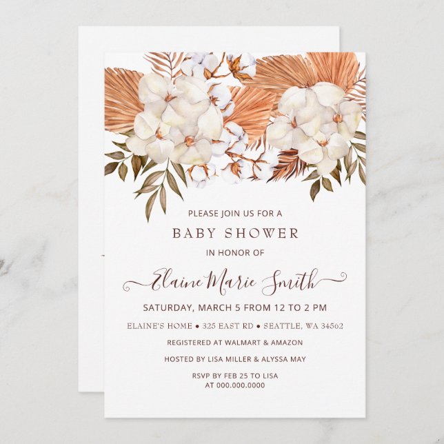 Rustic Pampas Gender Neutral Drive Baby Shower Invitation (Front/Back)