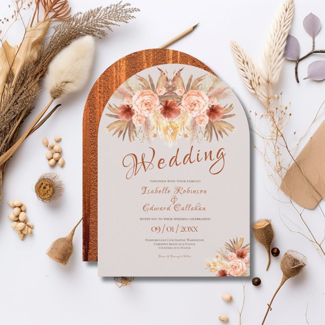 Rustic Pampas Grass Bohemian Roses & Copper Invitation (Creator Uploaded)