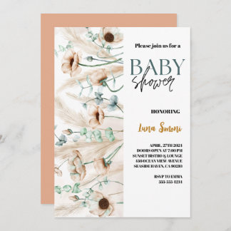 rustic pampas grass boho wildflower baby shower invitation