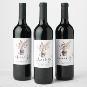Rustic Pampas Grass Cheers Names Wedding Wine Label