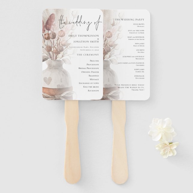 Rustic Pampas Grass Overlay Wedding Program Hand Fan (Front and Back)