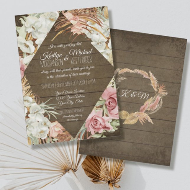 Rustic Pampas Greenery Blush Floral Tropical Beach Invitation (Creator Uploaded)