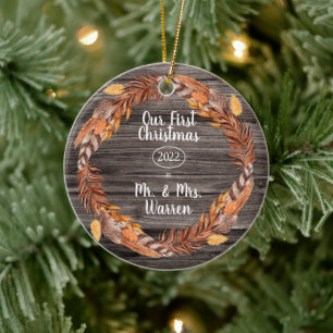 Rustic Pampas Our First Christmas Mr  Mrs Photo Ce Ceramic Tree Decoration