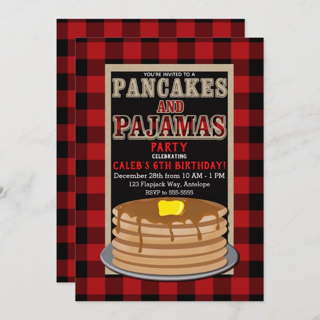 Rustic Pancakes & Pyjamas Red Black Buffalo Plaid Invitation (Front/Back)