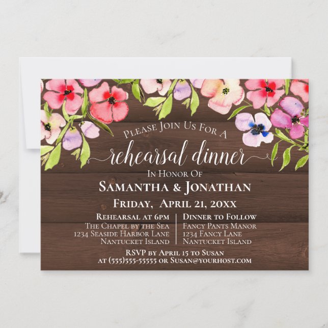 Rustic Pansies on Wood Wedding Rehearsal & Dinner Invitation (Front)
