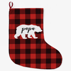 Rustic Papa Bear Red & Black Buffalo Plaid Large Christmas Stocking