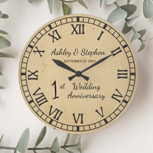 Rustic Paper Look 1st Wedding Anniversary Large Clock