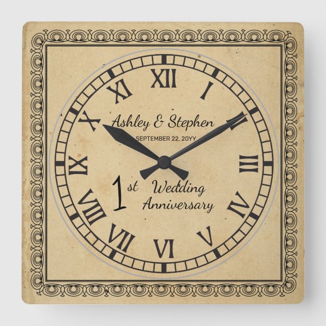 Rustic Paper Look 1st Wedding Anniversary Square Wall Clock (Front)