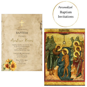 Rustic Parchment Sunflowers Orthodox Baptism Invitation