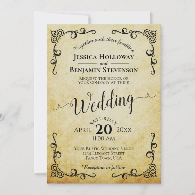 Rustic Parchment Vintage Calligraphy Wedding Invitation (Front)