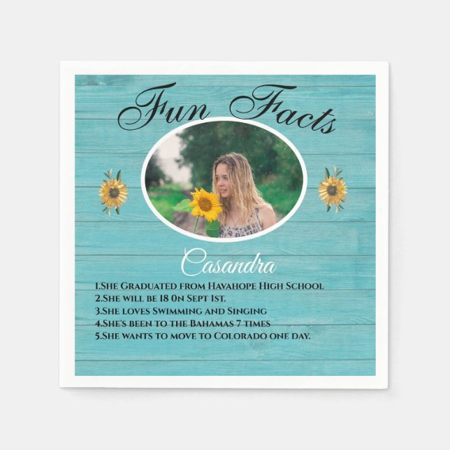 Rustic Party Fun Fact Sunflower Teal Wood  Napkin (Front)