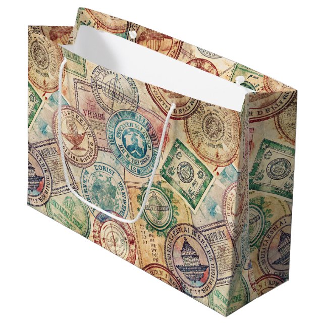 Rustic Passport Stamp Travel Pattern (1) Large Gift Bag (Front Angled)