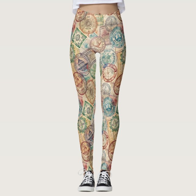 Rustic Passport Stamp Travel Pattern (1) Leggings (Front)