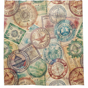Rustic Passport Stamp Travel Pattern (1) Shower Curtain