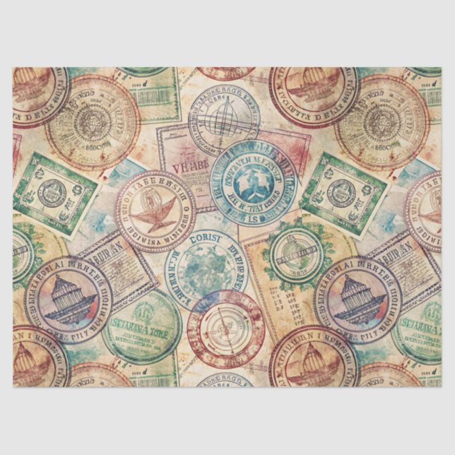 Rustic Passport Stamp Travel Pattern (1) Tissue Paper (Front)