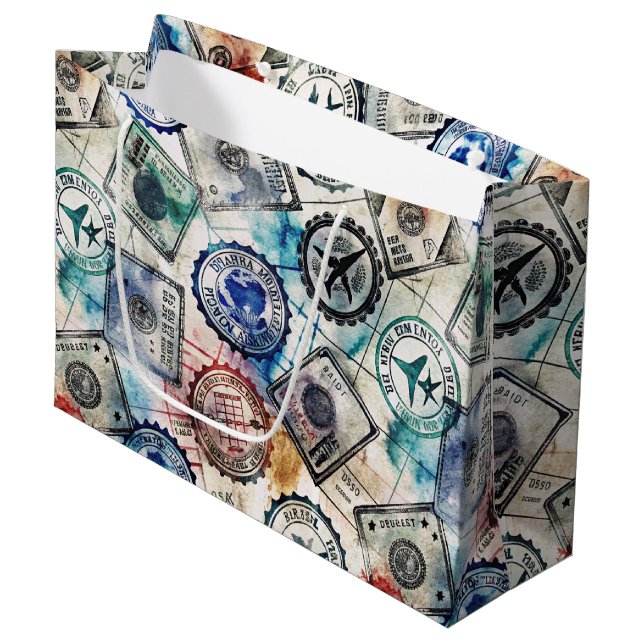 Rustic Passport Stamp Travel Pattern (2) Large Gift Bag (Front Angled)