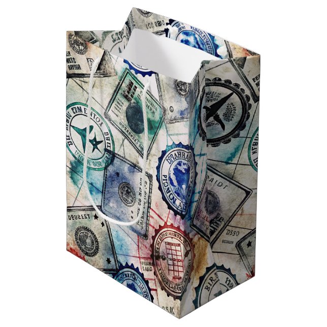 Rustic Passport Stamp Travel Pattern (2) Medium Gift Bag (Front Angled)