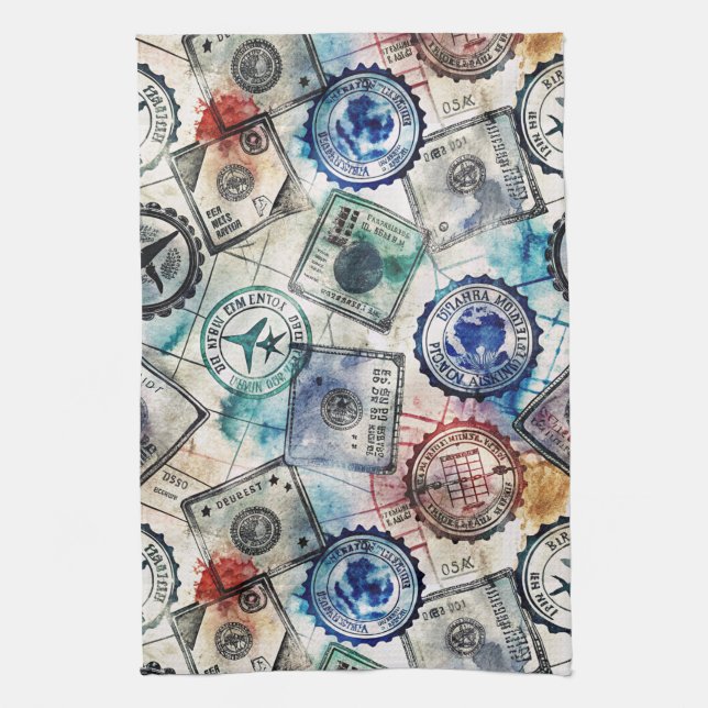 Rustic Passport Stamp Travel Pattern (2) Tea Towel (Vertical)