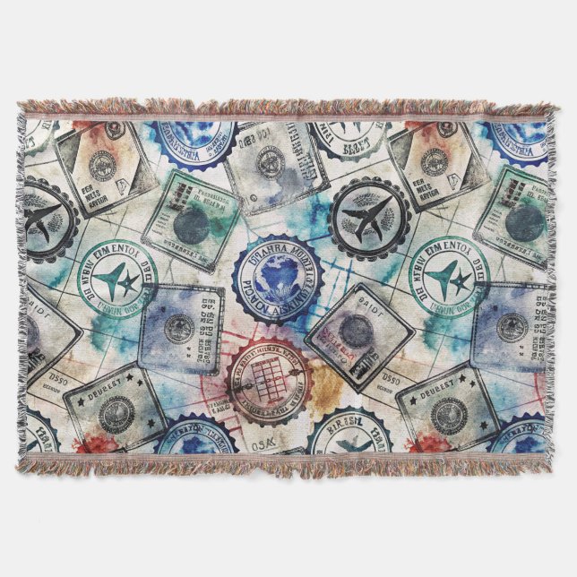 Rustic Passport Stamp Travel Pattern (2) Throw Blanket (Front)