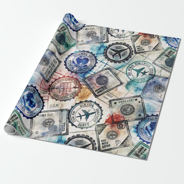 Rustic Passport Stamp Travel Pattern (2) Wrapping Paper (Unrolled)