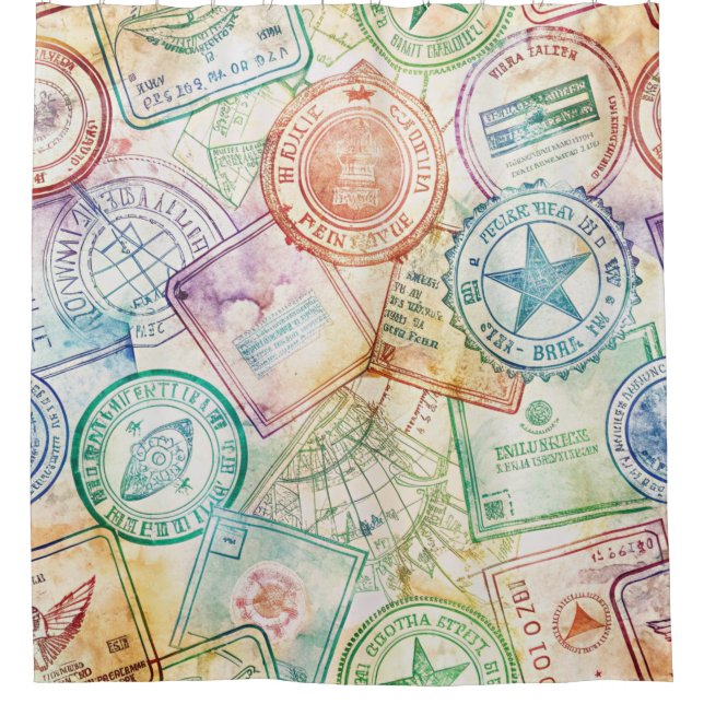 Rustic Passport Stamp Travel Pattern (3) Shower Curtain (Front)