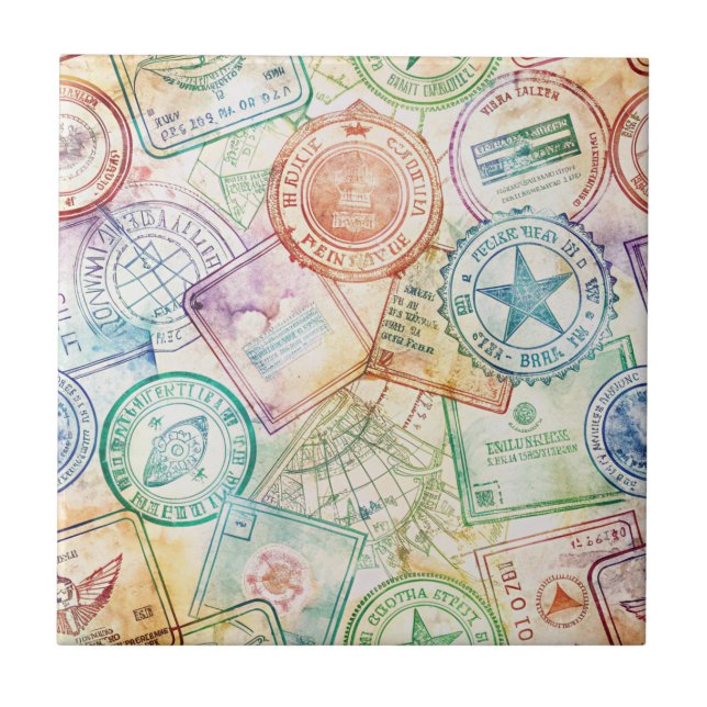 Rustic Passport Stamp Travel Pattern (3) Tile (Front)