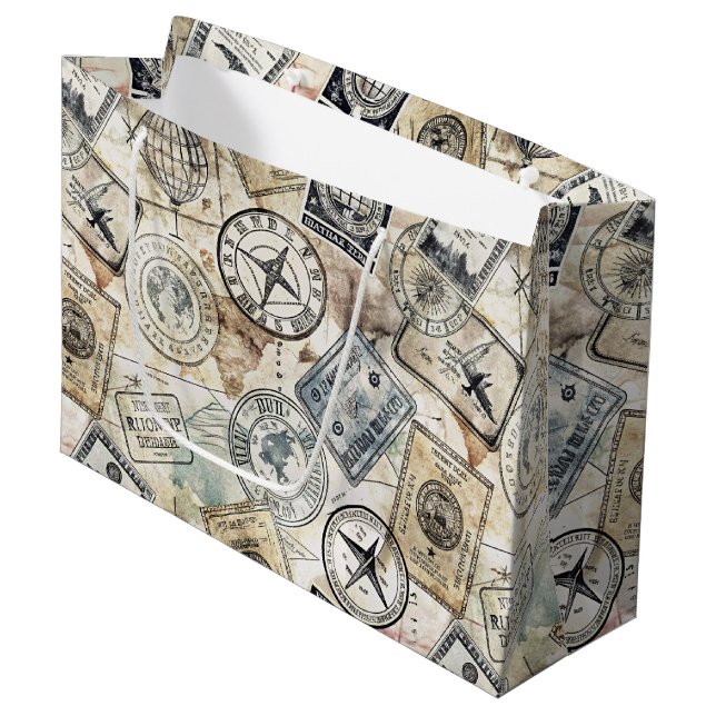 Rustic Passport Stamp Travel Pattern (4) Large Gift Bag (Front Angled)
