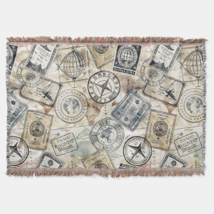 Rustic Passport Stamp Travel Pattern (4) Throw Blanket