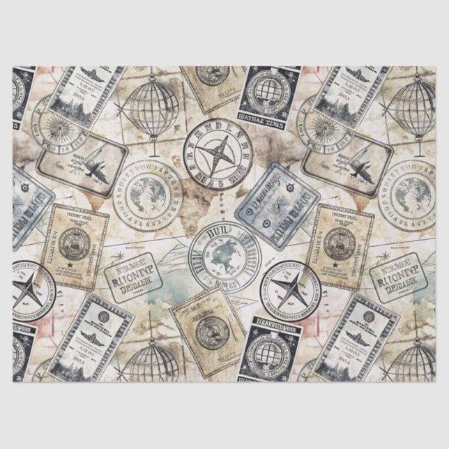 Rustic Passport Stamp Travel Pattern (4) Tissue Paper (Front)