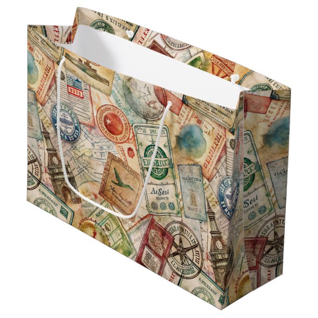 Rustic Passport Stamp Travel Pattern (5) Large Gift Bag (Front Angled)