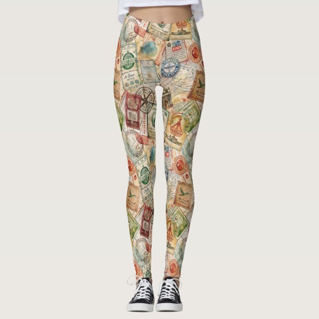 Rustic Passport Stamp Travel Pattern (5) Leggings (Front)