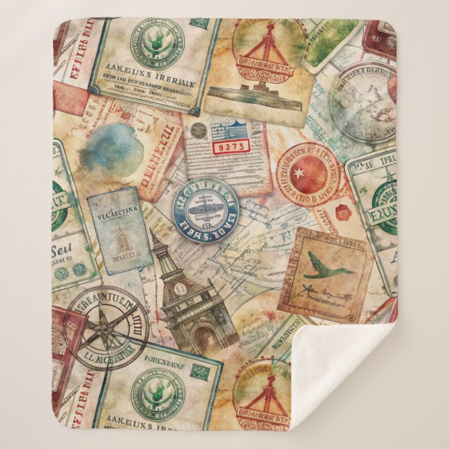 Rustic Passport Stamp Travel Pattern (5) Sherpa Blanket (Front)