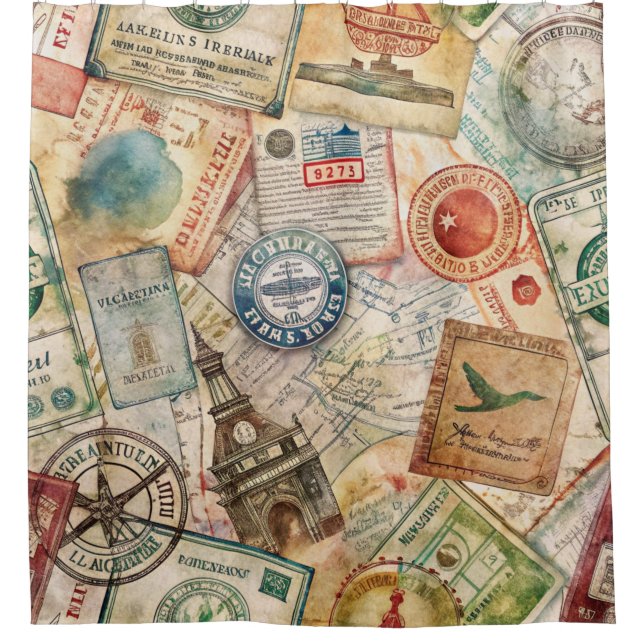 Rustic Passport Stamp Travel Pattern (5) Shower Curtain (Front)