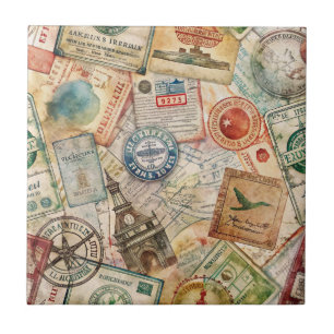 Rustic Passport Stamp Travel Pattern (5) Tile