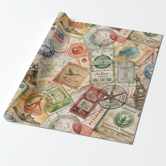 Rustic Passport Stamp Travel Pattern (5) Wrapping Paper (Unrolled)