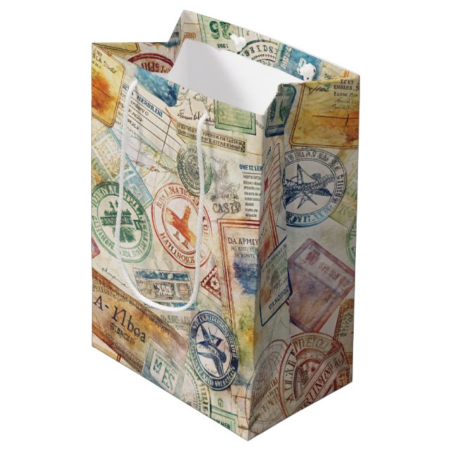 Rustic Passport Stamp Travel Pattern (6) Medium Gift Bag (Front Angled)