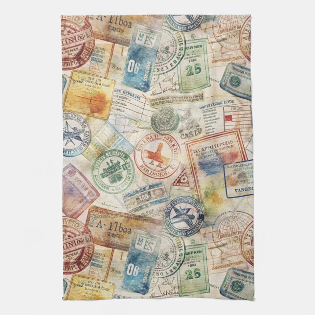 Rustic Passport Stamp Travel Pattern (6) Tea Towel (Vertical)