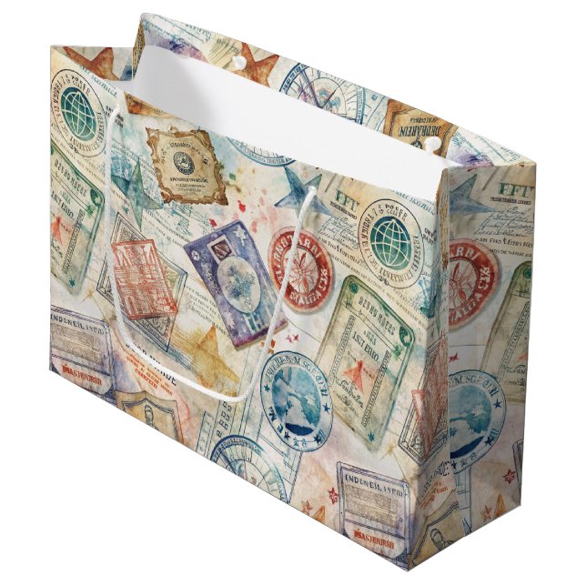Rustic Passport Stamp Travel Pattern (7) Large Gift Bag (Front Angled)