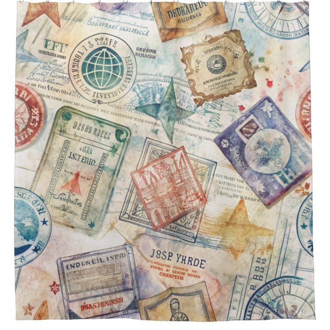 Rustic Passport Stamp Travel Pattern (7) Shower Curtain (Front)