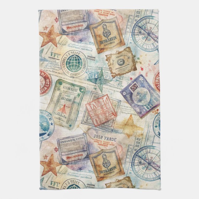 Rustic Passport Stamp Travel Pattern (7) Tea Towel (Vertical)